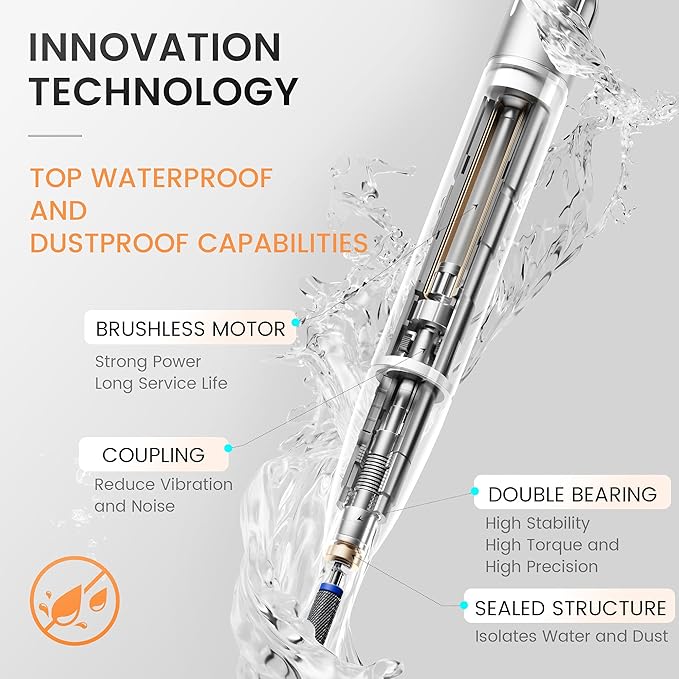 L'UGX Professional Nail Drill, Waterproof 35000RPM Brushless Nail Drill Machine, Rechargeable Nail Efile for Acrylic Gel Nails, Low Noise and Low Vibration, Black