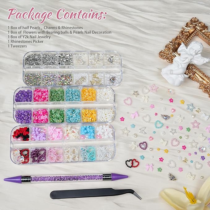 Nail Rhinestones , AB Crystal Nail Gems Flat Back Nail Rhinestones with Nail Pearls Star Heart Bows FLower Nail Charms and Rhinestone Picker Tools for Kwaii Y2K Nail Art Decor - 3 Boxes