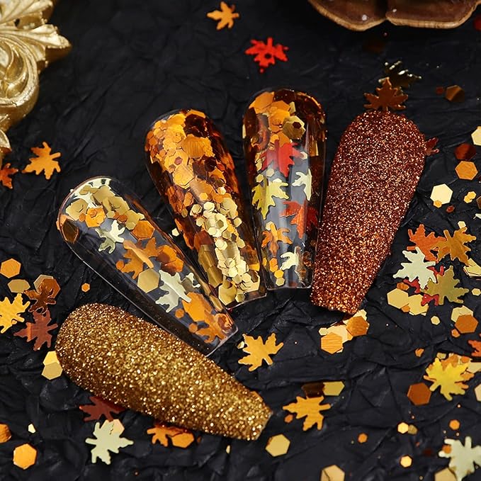 6-Grids Fall Maple Leaf Nail Art Glitter Sequins 3D Holographic Gold Orange Leaf Flakes Thanksgiving Supplies for Acrylic Nails Autumn DIY Decorations