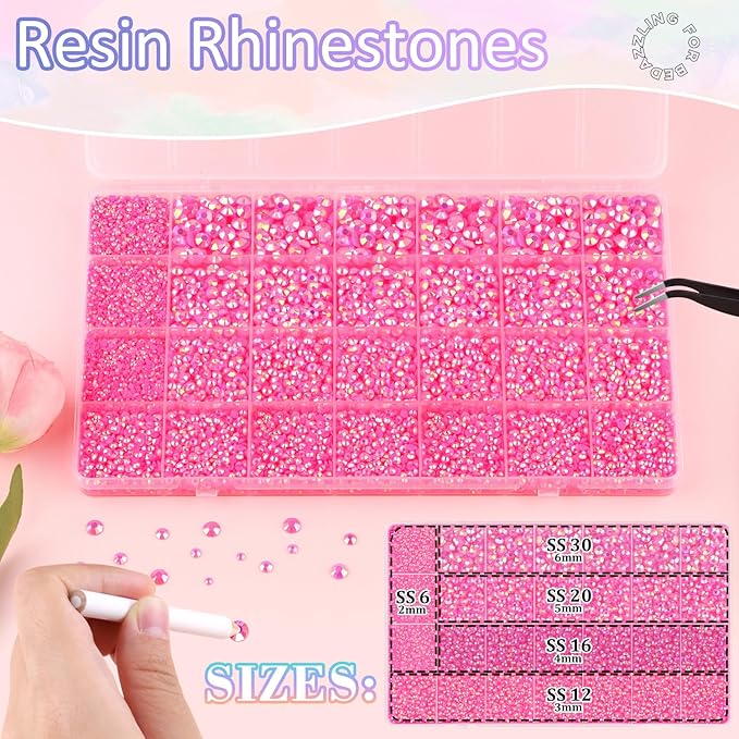 30000Pcs Resin Rhinestones for Bedazzling with B7000 Jewelry Glue, Hot Pink AB Flatback Gems Rhinestones for Crafting, Clothing Tumblers Mugs Shoes Fabric Decor Nail Art