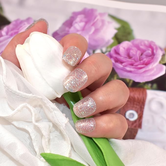 Semi Cured Gel Nail Strips Salon-Quality, Long Lasting Adhere Nail Art Stickers Decals (Glitter Sequins)
