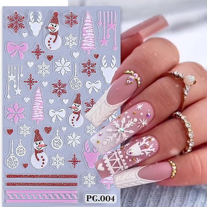5Pcs Christmas Nail Art Stickers Decals Embossed Self-Adhesive Snowmen Nail Sticker Colorful Firework Snowflake Xmas Tree Elk Nail Decals Nail Supplies for Women DIY New Year Xmas Holiday Nail Decor