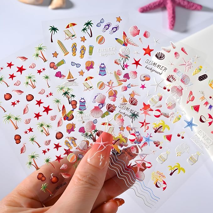 4Sheets Embossed Nail Stickers - Summer Starfish Nail Decals, Ocean Design for Acrylic Nails, Beach Shell Supplies for Women & Girls