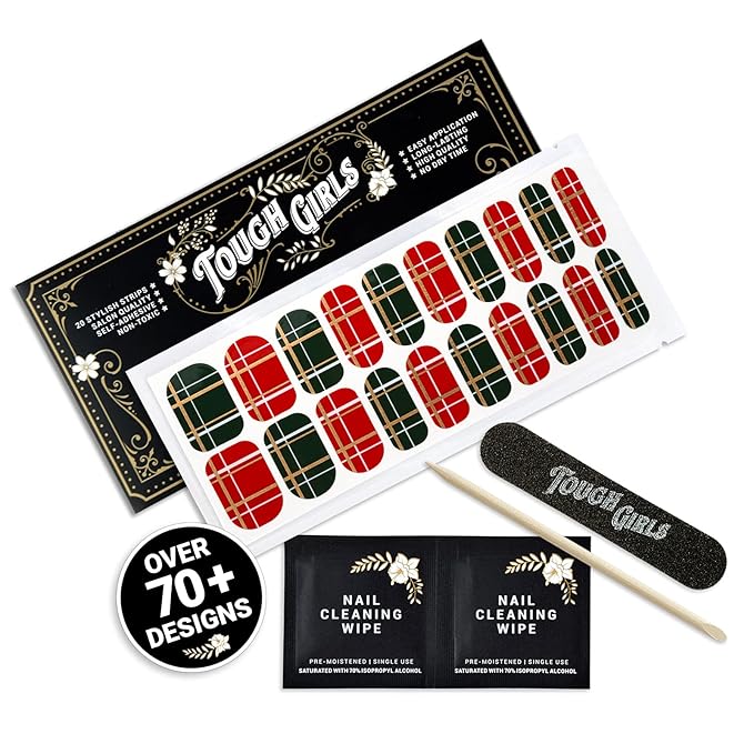 | 20 Exquisite Gel Nail Polish Strips w/Application Accessories - No UV/LED Lamp Required (Holiday | Holiday Plaid w/Metallic Gold)