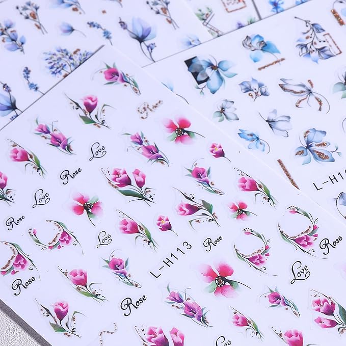 Ink Flower Nail Art Stickers 12 Sheets 3D Self-Adhesive Nail Decals with Tweezers Watercolor Floral Leaves Stickers Charming Blossom Flowers Designs Nail Art Supplies Manicure Accessories for Women