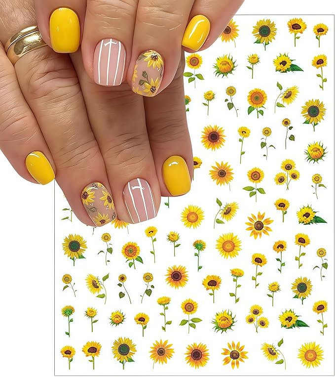 6 Sheets Spring Daisy Nail Art Stickers Sunflower Decals Yellow Daisy Design with Small Daisies White Floral Flowers Sunflowers Leaf for Women Manicure Decorations