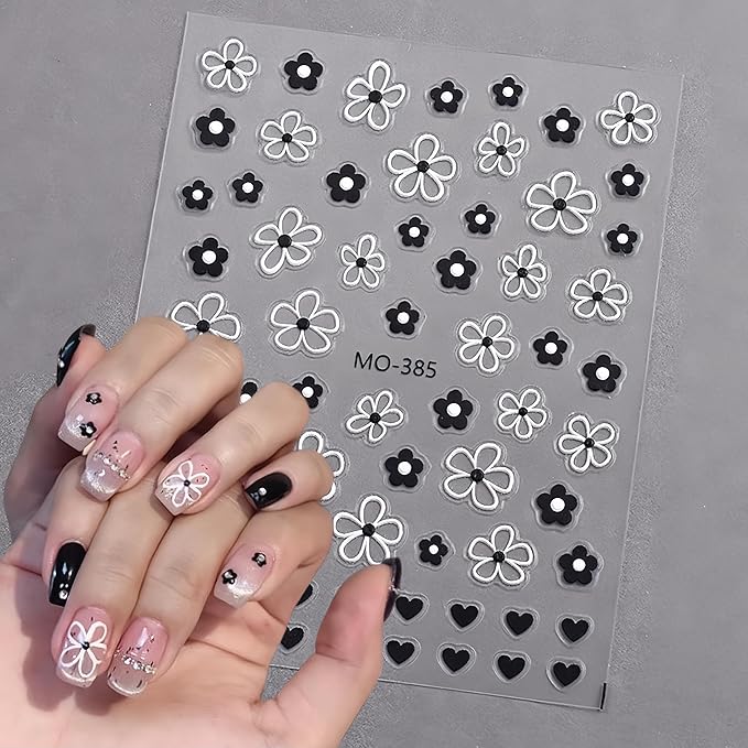 4 Sheets Embossed Flower Nail Art Stickers Flower Nail Decals 5D Self Adhesive Black and White Floral Nails Design Stickers Jelly Nail Supplies for Women and Girls Acrylic Manicure Decoration