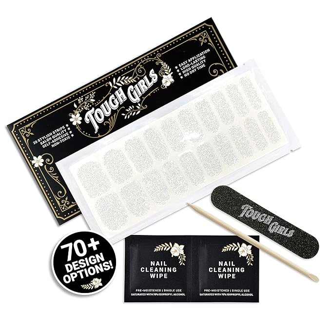 | 20 Exquisite Gel Nail Polish Strips w/Application Accessories - No UV/LED Lamp Required (Clear & Glitter)