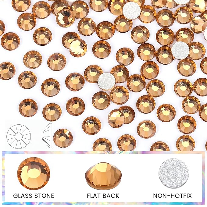 Novani Brown Rhinestones Flatback Rhinestones Glass Nail Gems Stones Jewels Round Gemstones Non-Hotfix Crystal,SS6,1440 Pieces,Topaz