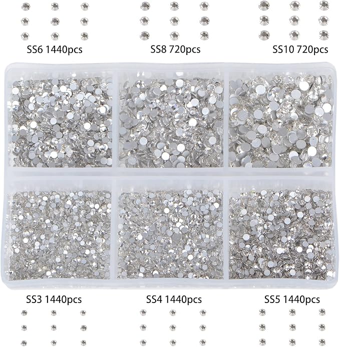 Bymitel 7200 Pieces 6 Mixed Sizes Glue Fix on Glass Rhinestones Round Crystal Gems Flatback for DIY Jewelry Making with one Picking Pen(6-Sizes 7200PCS, Clear Crystal)