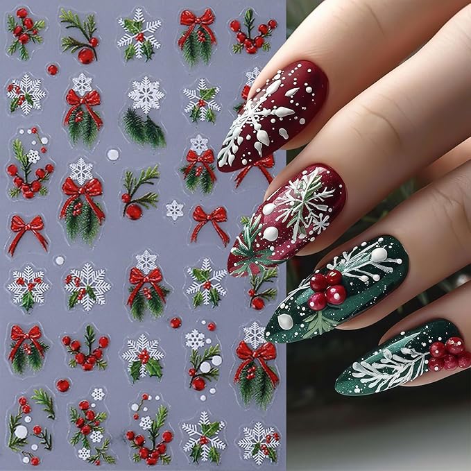 4 Sheets Green Christmas Nail Art Stickers 5D Micro Relief Holly Leaf Bow Nail Decals Winter Xmas Red Bow Holly Nail Stickers White Snowflake Nail Supplies for Women Holiday New Year Charms Nail Decor
