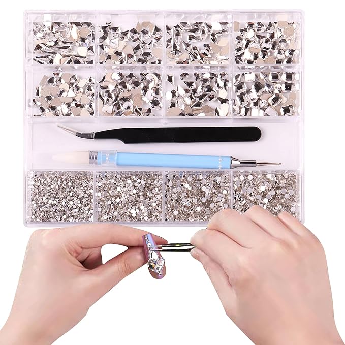 3320Pcs White Nail Art Rhinestones Crystal,HOINCO 3D Rhinestones Gems Jewels Diamond,24 Types of 320 Diamonds + 3000 Round Beads, Crystals 3D Flat Back Gemstones for Nail DIY Crafts with Tweezers Pen