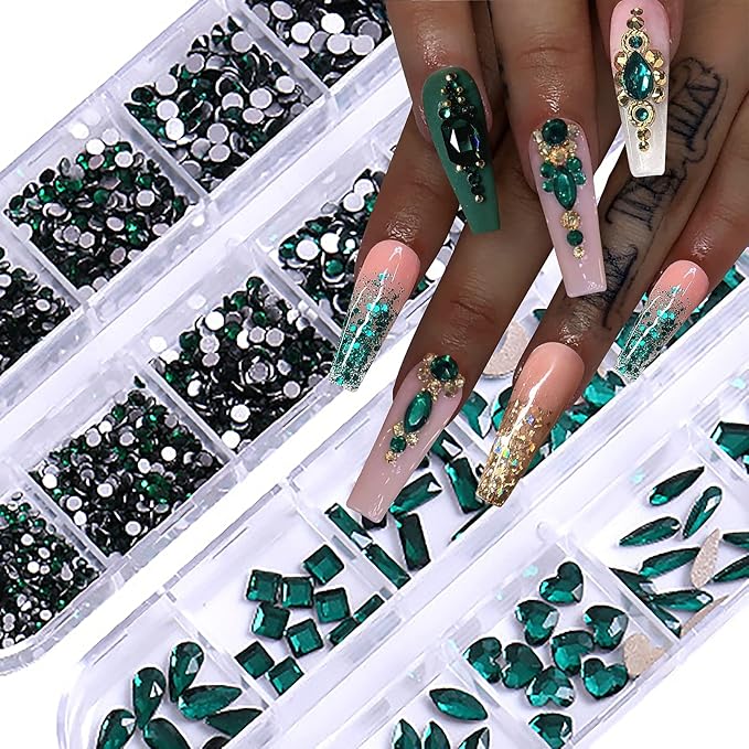 3120Pcs Green Nail Art Rhinestones Crystal,HOINCO Nail Art Crystal Flat Back Nail Diamond Jewels for Nail Art DIY Crafts with Tweezers and Pen