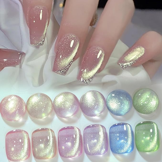 Born Pretty Cat Magnetic Eye Gel Nail Polish Shimmer Glitter Holographic Auroas Magnetic Gel Spring Summer Pink Green Blue Translucent Gel Polish Set Manicure Nail Art DIY at Home