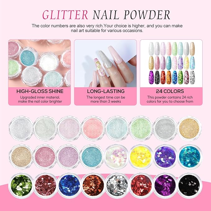 Acrylic Nail Kit with Drill and U V Light, Professional Acrylic Nail Kits with Everything 3PC Powder 24PC Glitter 200Pcs Nail Tips Nails Art Decoration DIY Home Salon