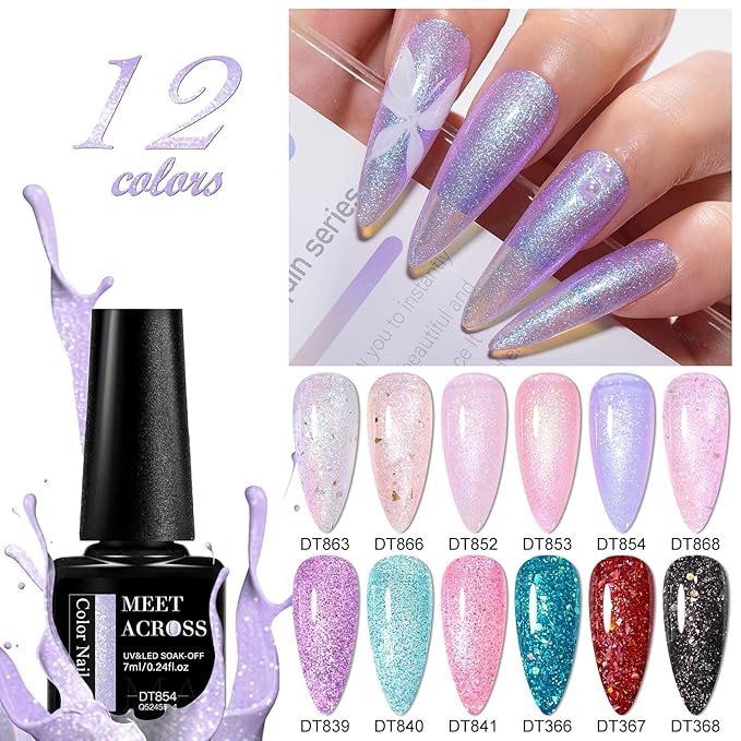 MEET ACROSS 12PCS Gel Nail Polish Set, 12 Colors Gel Nail Kit Art Design Soak Off UV LED,Nail Art Design Gifts for Women (SET-8, 12PCS)