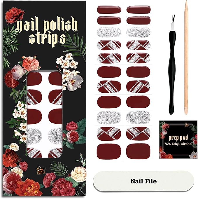 Nail Polish Strips - 22 Pcs Salon Quality Gel Nail Stickers - Long Lasting Wraps (Cherry Mocha Glitter)