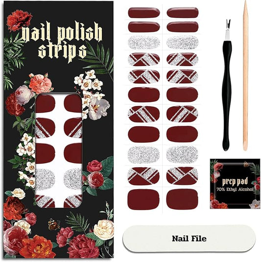 Nail Polish Strips - 22 Pcs Salon Quality Gel Nail Stickers - Long Lasting Wraps (Cherry Mocha Glitter)