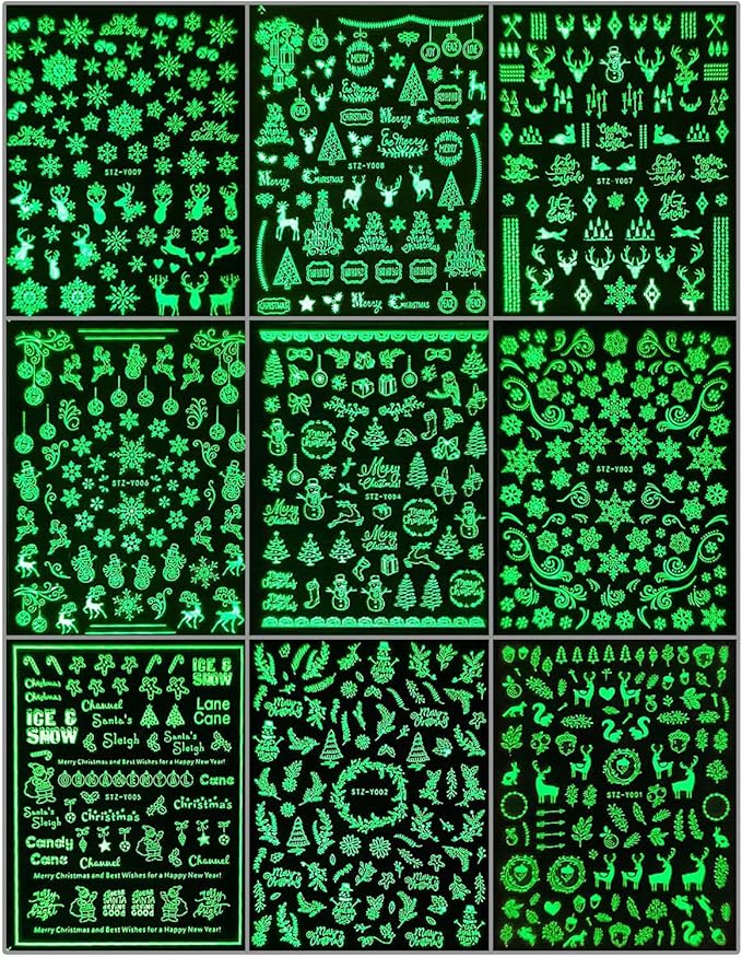 9 Sheets Christmas Glow in The Dark Nail Art Stickers Decals Self-Adhesive Pegatinas Uñas Navidad Winter Holiday Xmas Snowflake Nail Supplies Nail Art Design Decoration Accessories