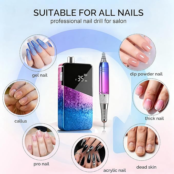 Professional Nail Drill, Lumcrissy 35000RPM Professional Nail File Machine, Rechargeable Efile for Acrylic Gel Nails with Ceramic Drill Bits Set& Sanding Bands for Manicure Salon Home Use
