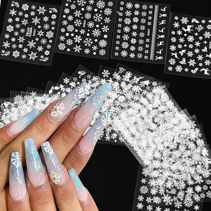 30 Sheets Christmas Snowflakes Nail Art Stickers for Nails Kit White Snowflakes Winter Nail Stickers Snowmen Santa Claus Elk Snow Design Xmas Holiday Nail Art Supplies for Women Girls Manicure