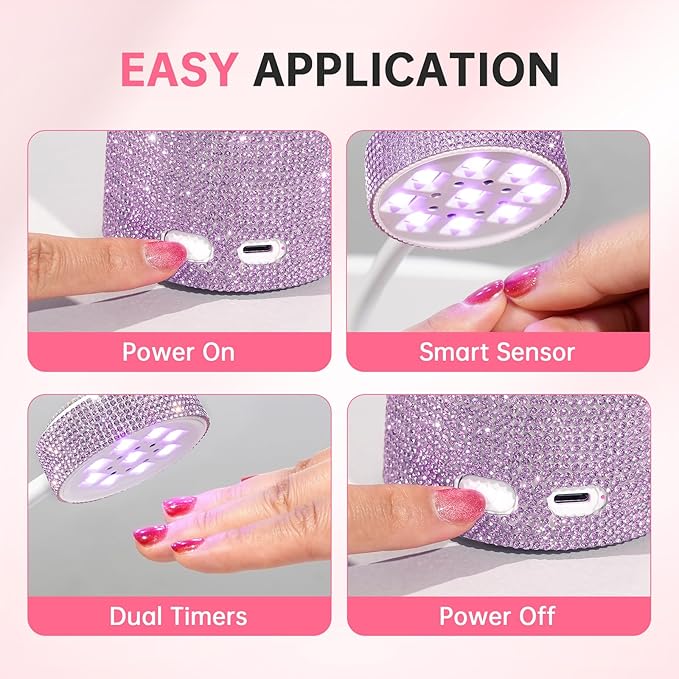 UV LED Nail Lamp, Mini UV Light for Gel Nails Polish, Rechargeable LED Flash Cure Nail Dryer, Quick Drying Goosenecks UV Nail Lamp for Home Nail Salon DIY Manicure, Purple Diamond