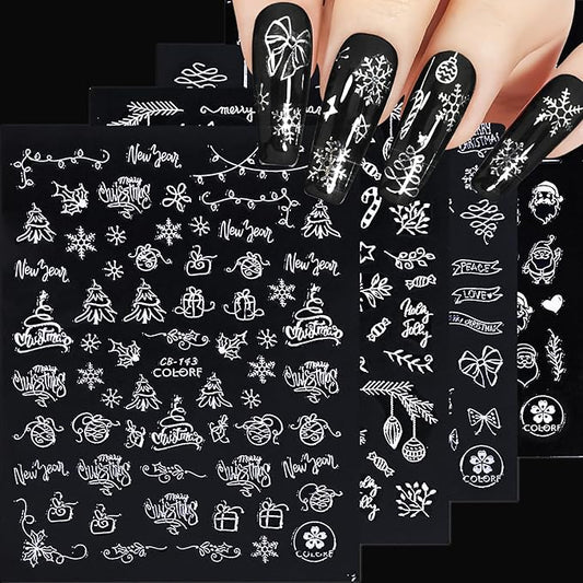 HNUIX Nail Stickers - 3D Christmas, Self Adhesive Nail Decals, Multi Pattern, Silver, 9 Sheets, for Nail Art