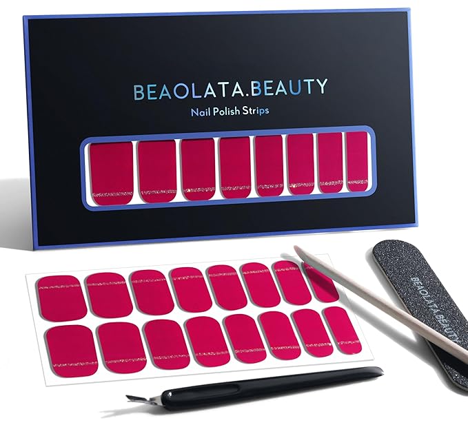 Nail Polish Strips, 32PCS Salon Quality Wraps, Long Lasting Gel Nail Stickers for Women Easy Apply& Remove (Berry Rhapsody Dark Red)