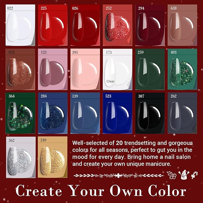 AZUREBEAUTY 31 PCS Dip Powder Nail Starter Kit Christmas, Red Green Gold Grey Acrylic Dipping Powder 20 Colors Set with Recycle Tray Top/Base Coat Activator French Nail Art Manicure Salon