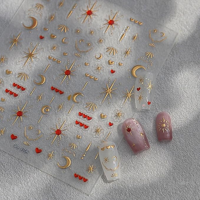 2 Sheets Star Nail Stickers Gold Silver Nail Stickers for Nail Art 5D Self-Adhesive Nail Decals Heart Moon Nails Supplies Decoration Accessories for Women and Girls