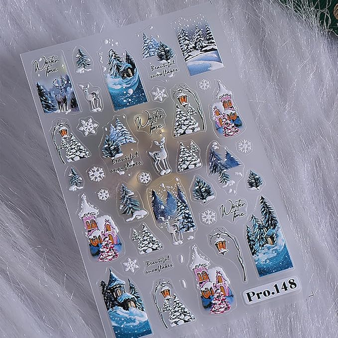 4 Sheets Christmas Nail Art Stickers Snowman Nail Decals with Cartoon Elk Bow Snowflakes Design 3D Self-Adhesive Nail Stickers Acrylic Nail Supplies for Women DIY Christmas Decorations