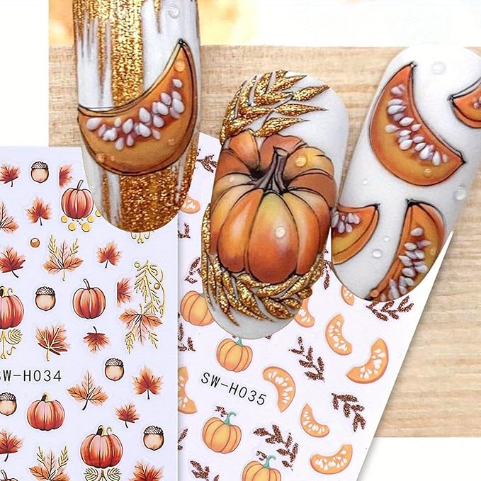 Fall Nail Stickers for Nail Art 3D Thanksgiving Pumpkins Autumn Fruit, Maple Leaf, Fallen Leaves Adhesive Nail Stickers for Women Nail Decoration Holiday DIY Cute Pumpkin Manicure Supplies 4 Sheets