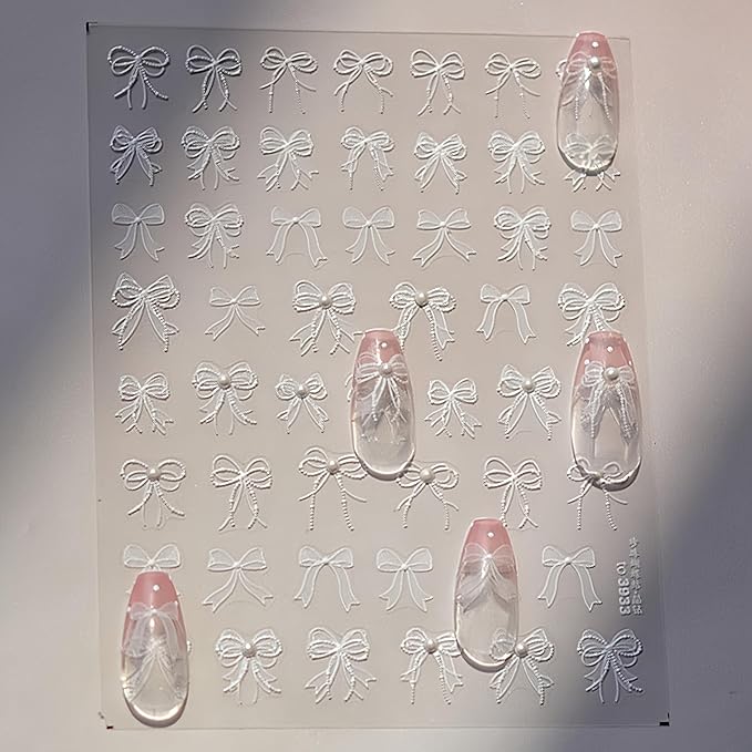 White Lace Bow Nail Art Stickers - 5D Embossed, Self-Adhesive Pearl Design, Cute Decals for Women's Manicure