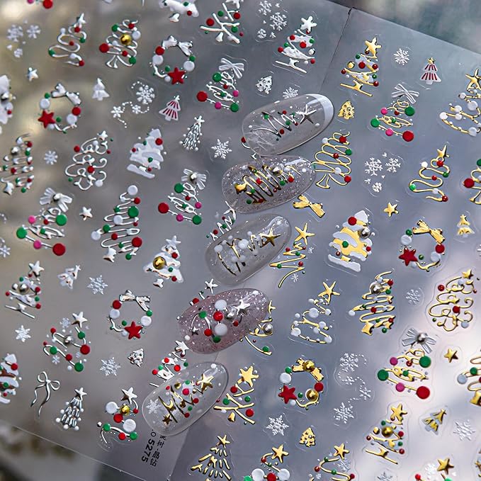 1 Sheet Christmas Nail Art Stickers Golden Xmas Tree Nail Decals with Rhinestone Star Bow Christmas Tree Nails Design Winter Xmas Nail Design Nail Supplies for Women DIY Holiday Manicure Decorations