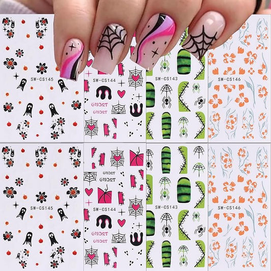 8 Sheets Halloween Nail Art Stickers Gothic Spooky 3D Self Adhesive Ghost Nail Decals Goth Spider Web Flower Nail Design Stickers Ghost Nail Stickers Art Decoration for Women Acrylic Manicure Salon