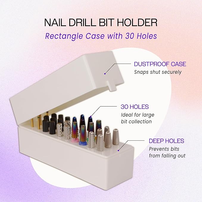 PANA Rectangle Nail Drill Bit Holder Display Organizer Case - Dustproof Carbide Bit Storage Container Box For Manicure Tools Nail Salon - 30 Holes White (Drill Bits Not Included)
