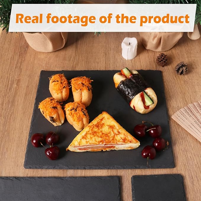 5 Pack 12 x 10 Inch Slate Cheese Boards, Black Rectangle Slate Charcuterie Boards, Natural Charcuterie Stone Plates for Parties, Gifts, and Special Events, Cheese, Sushi, Food.
