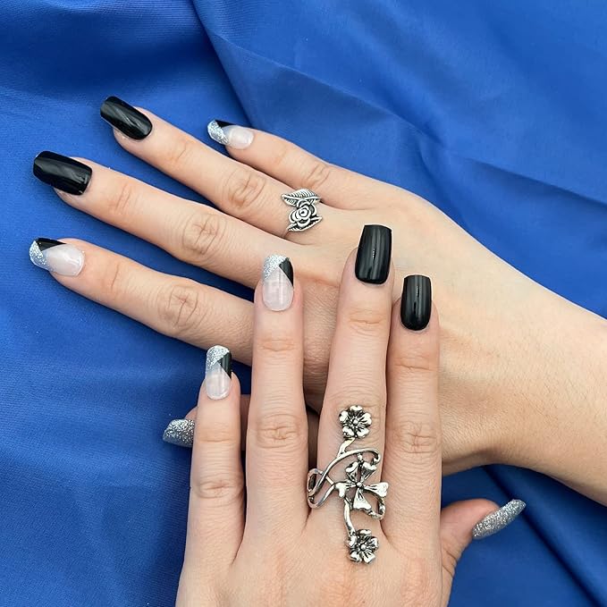 MOMSON Semi Cured Gel Nail Strips - 20 Real Gel Nail Polish Stickers/Full Nail Wraps for DIY at Home, Salon-Quality, Easy to Apply & Remove (Silver Glitter, White & Black)