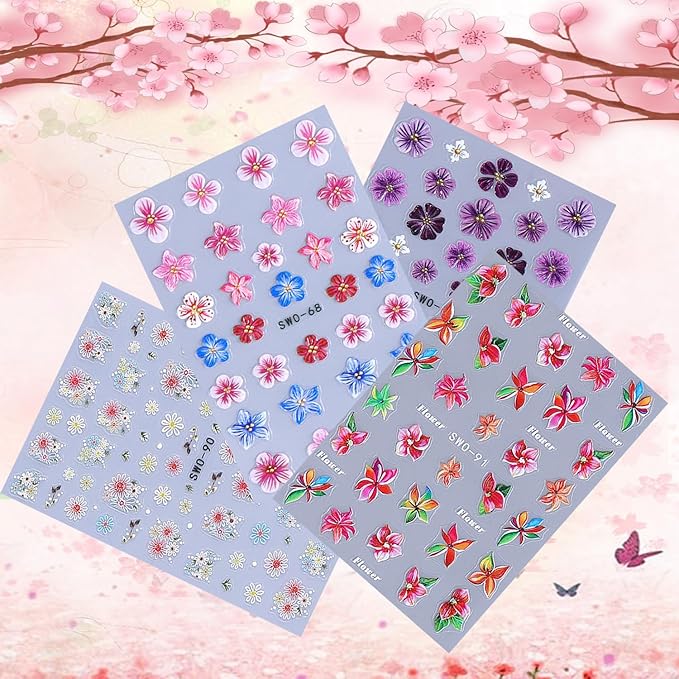 4 Sheets Flower Nail Art Stickers 3D Self-Adhesive Blossom Nails Sticker Spring Nail Art Decals Holographic Daisy Nails Decal Decoration for Women Colorful Flowers Manicure DIY Nail Supplies