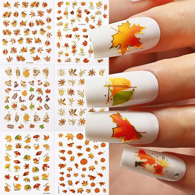 Fall Gold Maple Leaves Nail Stickers 3D Self-Adhesive Nail Art Stickers Decals with Gold Leaves Fox Design Autumn Nail Stickers for Nail Art Pumpkin Thanksgiving for Women Nails Art Decor