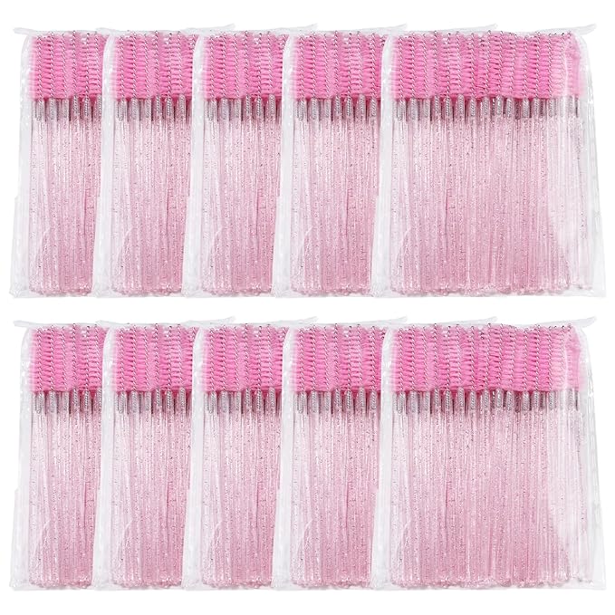 500 Pieces Eyelashes/Eyebrows Brushes, 10CM Lash Removal Cleaning Tools, Crystal Handle, Makeup Tools Mascara Wands(Simple Packaging)-(Crystal Pink)