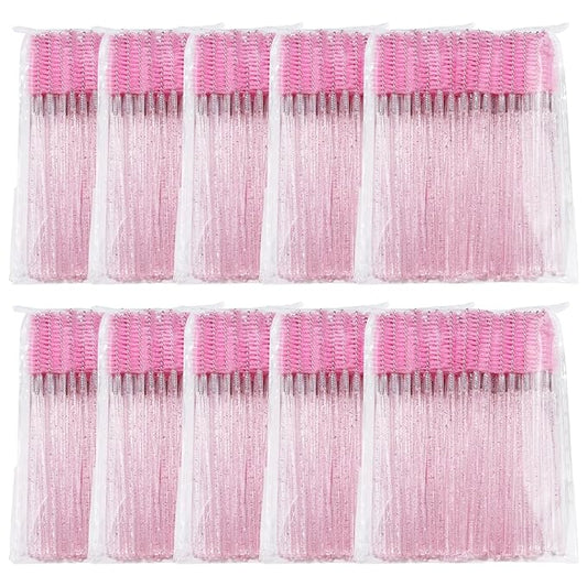 500 Pieces Eyelashes/Eyebrows Brushes, 10CM Lash Removal Cleaning Tools, Crystal Handle, Makeup Tools Mascara Wands(Simple Packaging)-(Crystal Pink)