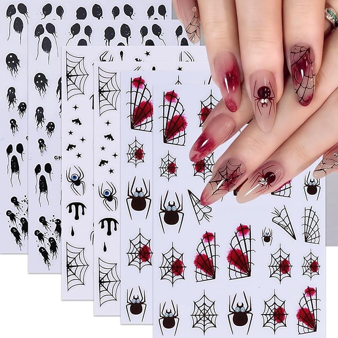 6 Sheets Halloween Nail Stickers 3D Self-Adhesive Scary Eyes Spider Ghost Nail Art Stickers Holiday Nail Decals Bloody Spiderweb Black Ghost Bats Nail Supplies for Women DIY Holiday Nail Decoration