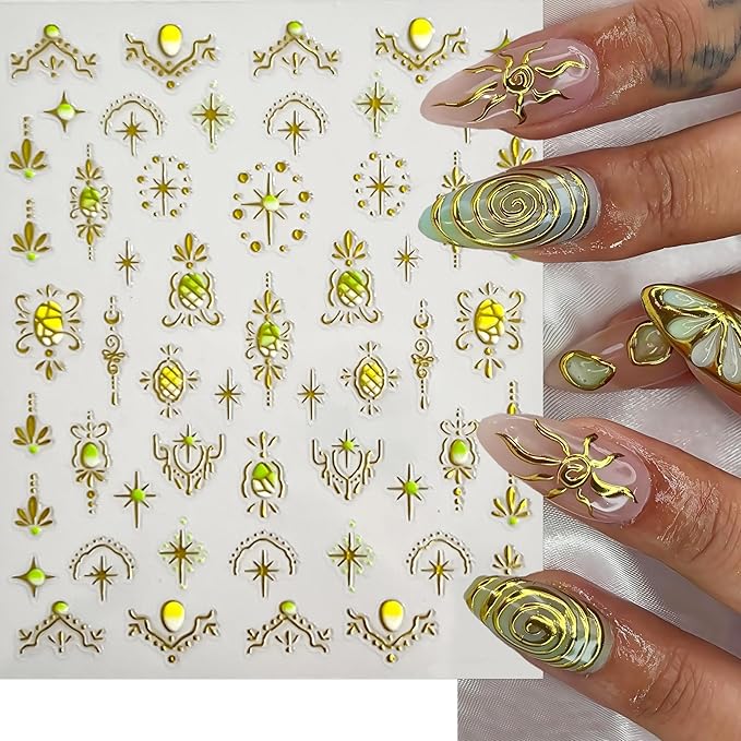6 Sheets Bohemian Style Nail Decals Embossed Star Nail Art Stickers 5D Self-Adhesive Gold Stars Moon Sun Nail Decals Bohemia Nail Designs Stars Nail Decoration for Women Girls DIY Manicure Decor