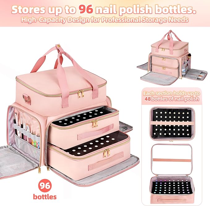 Nail Polish Organizer Case for 96 Bottles – Waterproof Travel Bag with Hard Bottom – Double Layer Nail Storage Bag with Adjustable Dividers & Nail Lamp Compartment – for Home or Salon Use