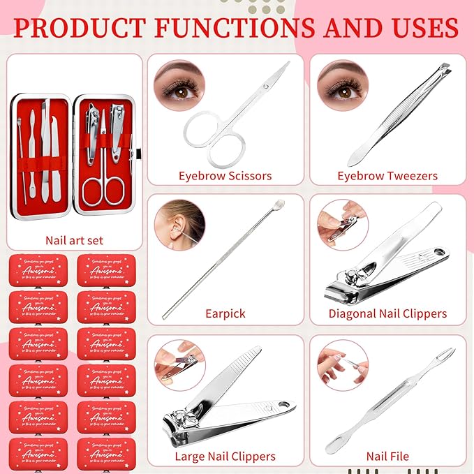 24 Set Manicure Kit Bulk Steel Nail Clippers 7 in 1 Stainless Grooming Nail Kit Christmas Appreciation Gift Bulk Professional Pedicure Tool for Adults Women Men Employee Personal Care(Red)