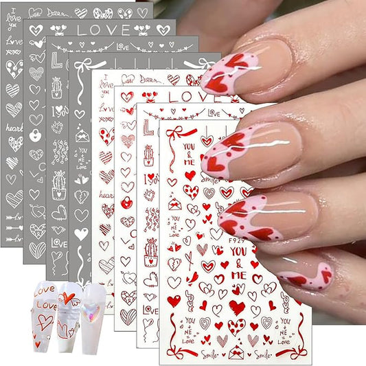 8 Sheets Valentines Nail Art Sticker Red Romantic Heart Nail Decals Personalized Bow Nail Design Stickers Love Letter False Nails Valentines Nail Design Stickers Glossy Nail Art Supplies for Women