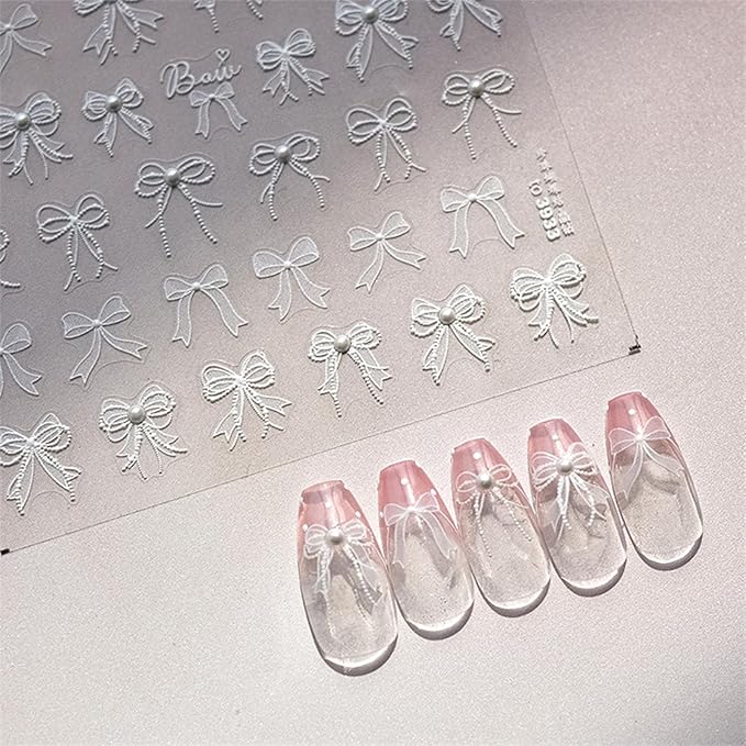 1 Sheets 5D Embossed White Lace Bow Nail Art Stickers Decals Self-Adhesive White Bow Knot Design Nail Stickers Bow Pearl Nail Art Supplies Cute Bow Nail Decals for Women Girl Manicure Decoration