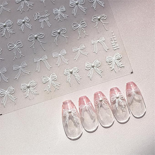 1 Sheets 5D Embossed White Lace Bow Nail Art Stickers Decals Self-Adhesive White Bow Knot Design Nail Stickers Bow Pearl Nail Art Supplies Cute Bow Nail Decals for Women Girl Manicure Decoration