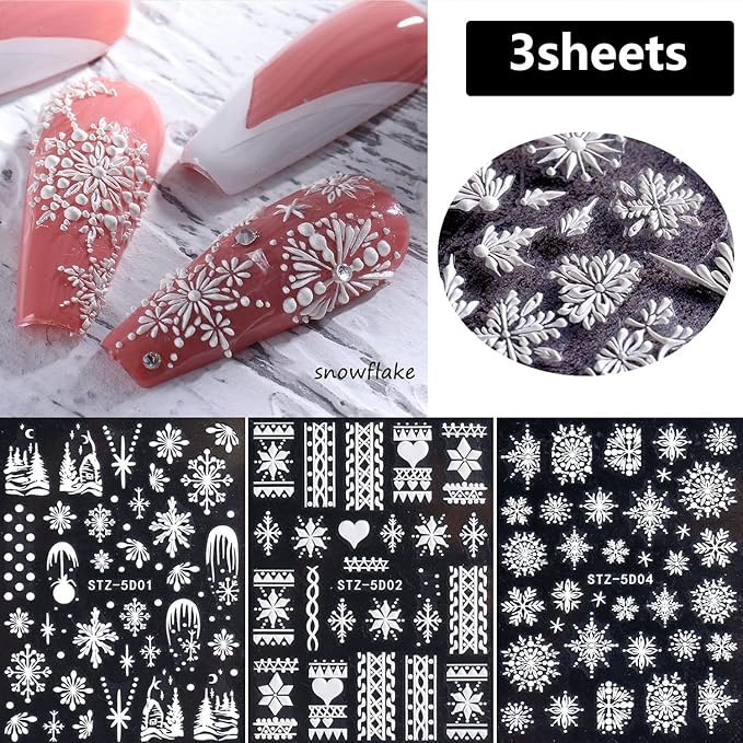 5D Embossed Snowflake Nail Art Stickers Christmas Nail Decal White Flower Lace Nail Decal Snowflake Leaf Nail Sticker Design Self-Adhesive Nail Decoration Supplies for Women DIY Christmas Manicure